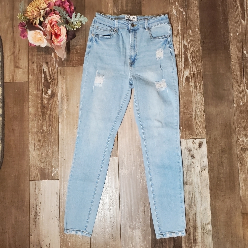 Wax Jean Collection Light Wash Blue Distressed Jeans Stretch for Days Size Large